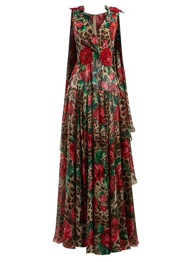 Dolce & Gabbana Rose-embellished Leopard-print Chiffon V-neck Gown In Basic