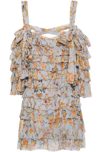 Zimmermann Woman Painted Heart Ra Ra Cold-shoulder Tiered Printed Silk-georgette Mini Dress Light Bl In Light Blue