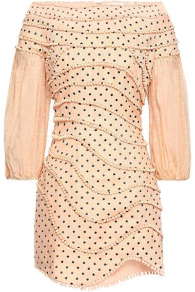Zimmermann Off-the-shoulder Pompom-trimmed Polka-dot Linen Mini Dress In Peach
