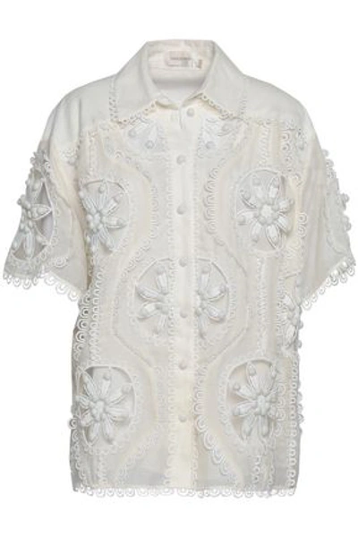 Zimmermann Woman Cutout Embellished Linen And Silk-blend Shirt White
