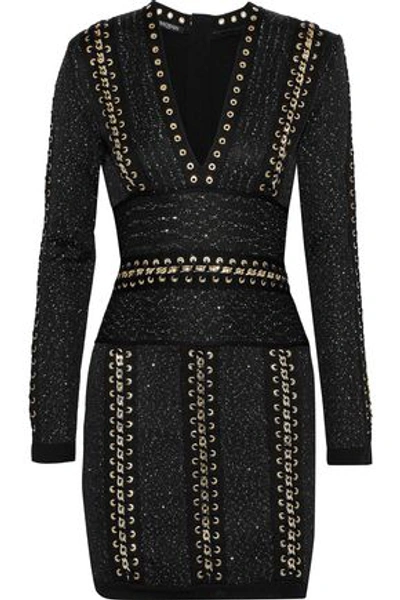 Balmain Chain-trimmed Sequined Stretch-knit Mini Dress In Black