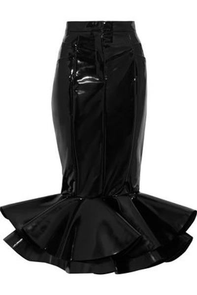 Balmain Woman Fluted Vinyl Midi Skirt Black