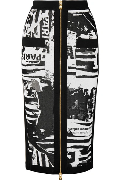 Balmain Newspaper-print Mid-calf Pencil Skirt In Noir/blanc C5101