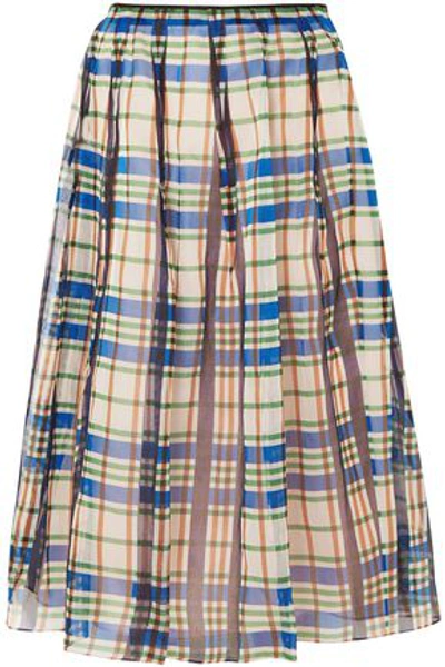 Marni Woman Organdie Checked Pleated Cotton-organza Midi Skirt Blue