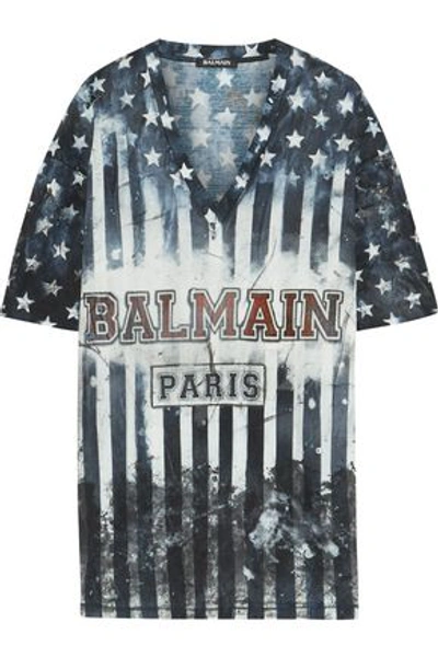 Balmain Woman Oversized Distressed Printed Cotton-jersey T-shirt Midnight Blue In Royal Blue