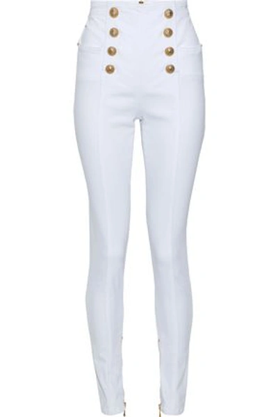 Balmain Button-embellished High-rise Skinny Jeans In White