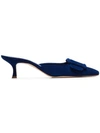 Manolo Blahnik Blue Maysale 50 Buckle Detail Suede Mules