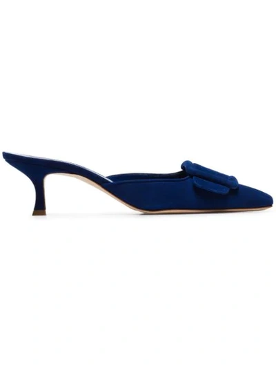 Manolo Blahnik Blue Maysale 50 Buckle Detail Suede Mules