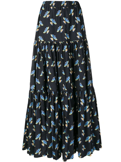 La Doublej Bird Print Full Skirt - Blue