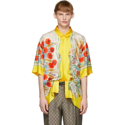 Gucci Button-down Collar Embroidered And Printed Silk-satin Shirt In Yellow