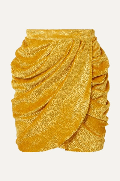 Dundas Draped Devoré-chiffon Wrap-effect Mini Skirt In Yellow