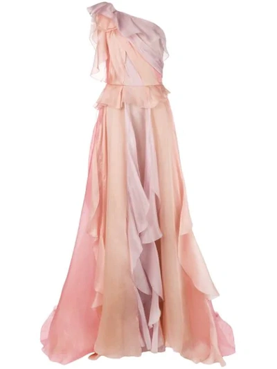 Marchesa One-shoulder Ruffled Silk-organza Gown In Panelled Color Block