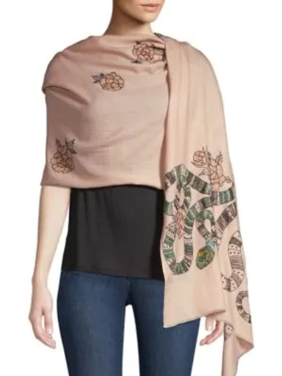 Janavi Snake & Floral Embroidered Merino Wool Scarf In Pink