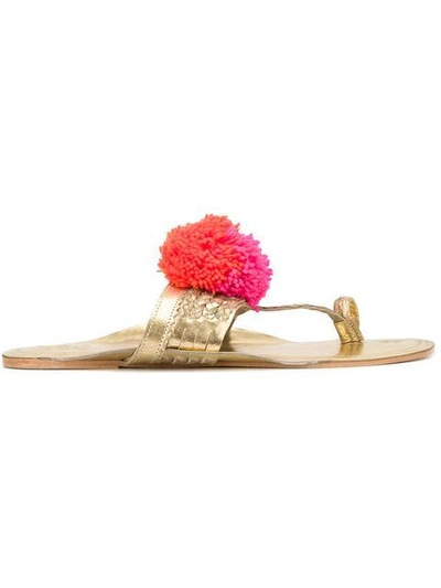 Figue 'leo' Pompom Braided Leather Thong Sandals In Gold/pink Multi