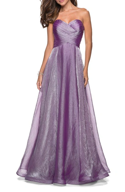 La Femme Strapless Metallic Chiffon Gown With Ruched Bodice In Purple