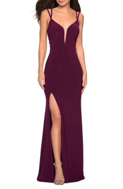 La Femme V-neck Sleeveless Strappy-back Jersey Gown W/ Slit In Purple