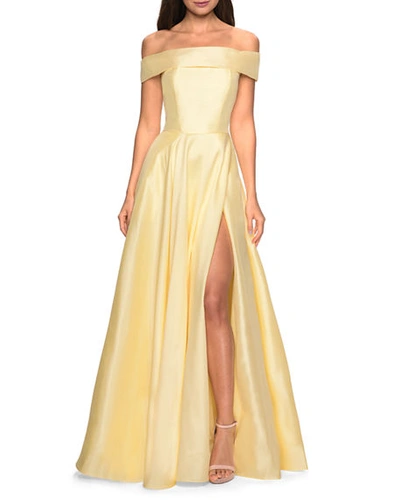 La Femme Off-the-shoulder Satin A-line Gown With Slit In Light Yellow