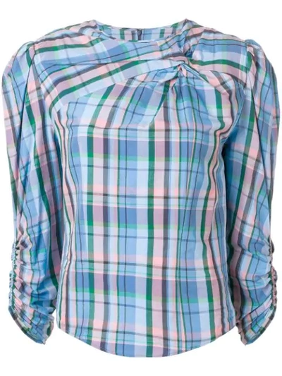 Isabel Marant Esemee Twisted Plaid Puff-shoulder Blouse In Blue