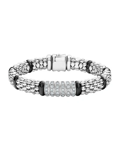 Lagos Sterling Silver Black Caviar Rope Bracelet With Diamonds & Black Ceramic In Black/silver