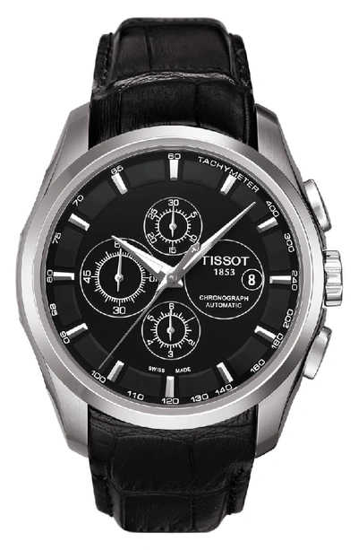 Tissot Couturier Automatic Chronograph Leather Strap Watch, 43mm In Black