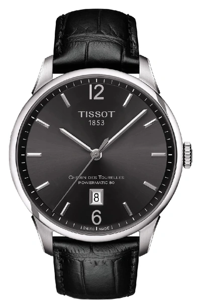 Tissot Chemin Des Tourelles Powermatic 80 Leather Strap Watch, 42mm In Black/ Gunmetal/ Silver