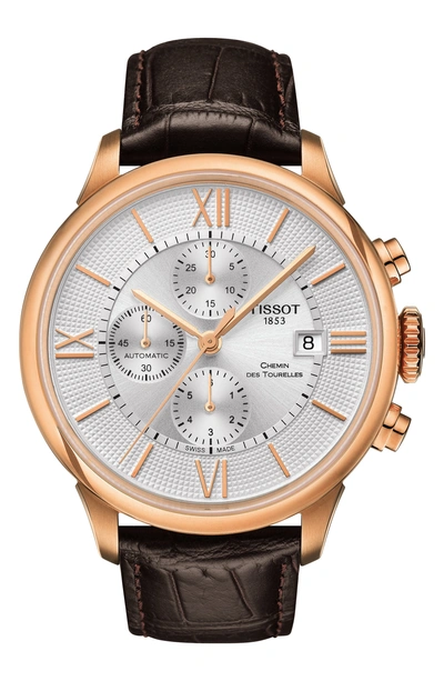 Tissot Chemin Des Tourelles Automatic Chronograph Leather Strap Watch, 44mm In Brown/ Silver/ Rose Gold