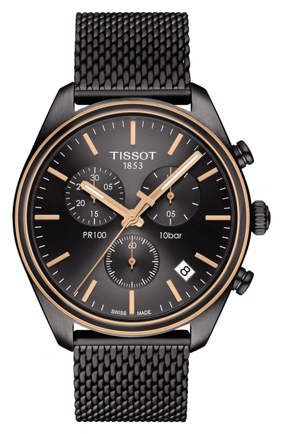 Tissot T-classic Pr 100 Chronograph Mesh Bracelet Watch, 41mm In Silver/ Anthracite/ Rose Gold