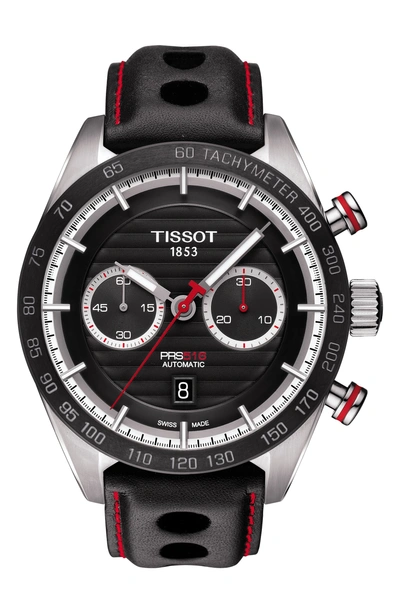 Tissot Prs516 Automatic Chronograph Leather Strap Watch, 45mm In Black/ Silver/ Red
