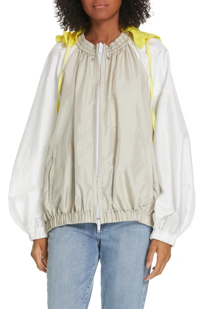 Tibi Contrast Sleeve Jacket With Detachable Hood In Stone Multi