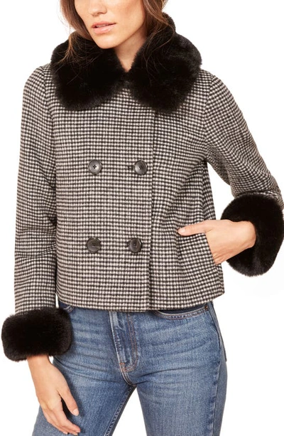 Reformation Templeton Faux Fur Trim Coat In Black Houndstooth