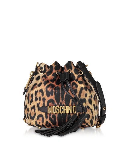 Moschino Leopard Print Nylon Convertible Bucket Bag - Black In Brown