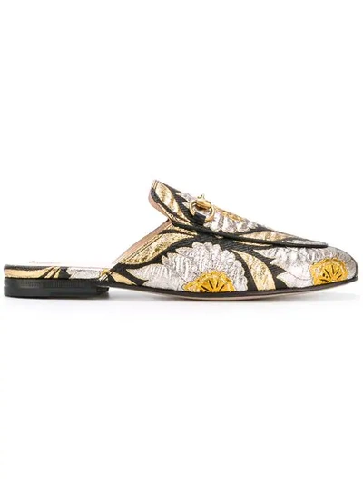 Gucci Princetown Floral Jacquard Mules In Gold
