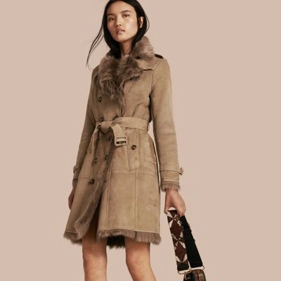 Burberry Shearling Trench Coat In Camel | ModeSens