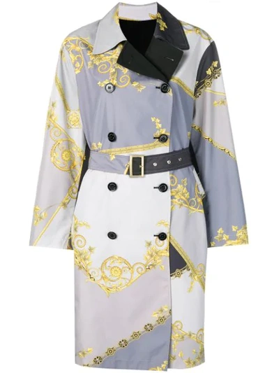 Versace Baroque Print Reversible Trench Coat In Grey