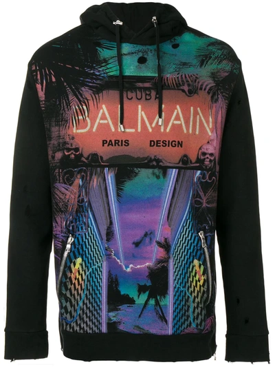 Balmain Men's Distressed Cuba-print Hoodie In Multicolor