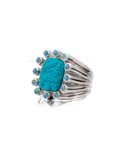Stephen Dweck Carved Turquoise Silver Statement Ring W/ Blue Topaz