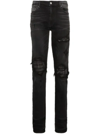 Amiri Slim-fit Distressed Cotton And Leather Jeans In 101 - Black