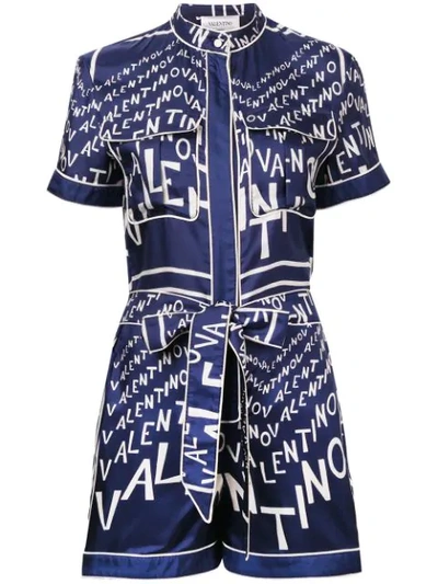 Valentino Printed Silk-twill Playsuit In Blue