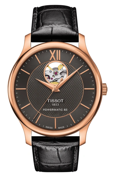 Tissot Tradition Powermatic 80 Open Heart Leather Strap Watch, 40mm In Black/ Anthracite/ Rose Gold