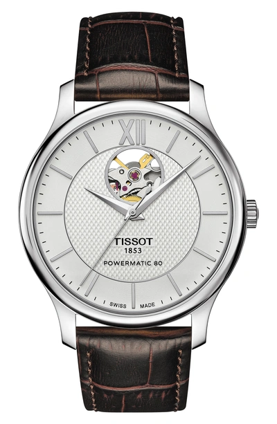 Tissot Tradition Powermatic 80 Open Heart Leather Strap Watch, 40mm In Brown/ Silver