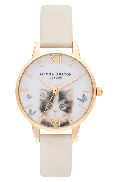 Olivia Burton Illustrated Animals Leather Strap Watch, 30mm In Cream/ Kitten/ Gold