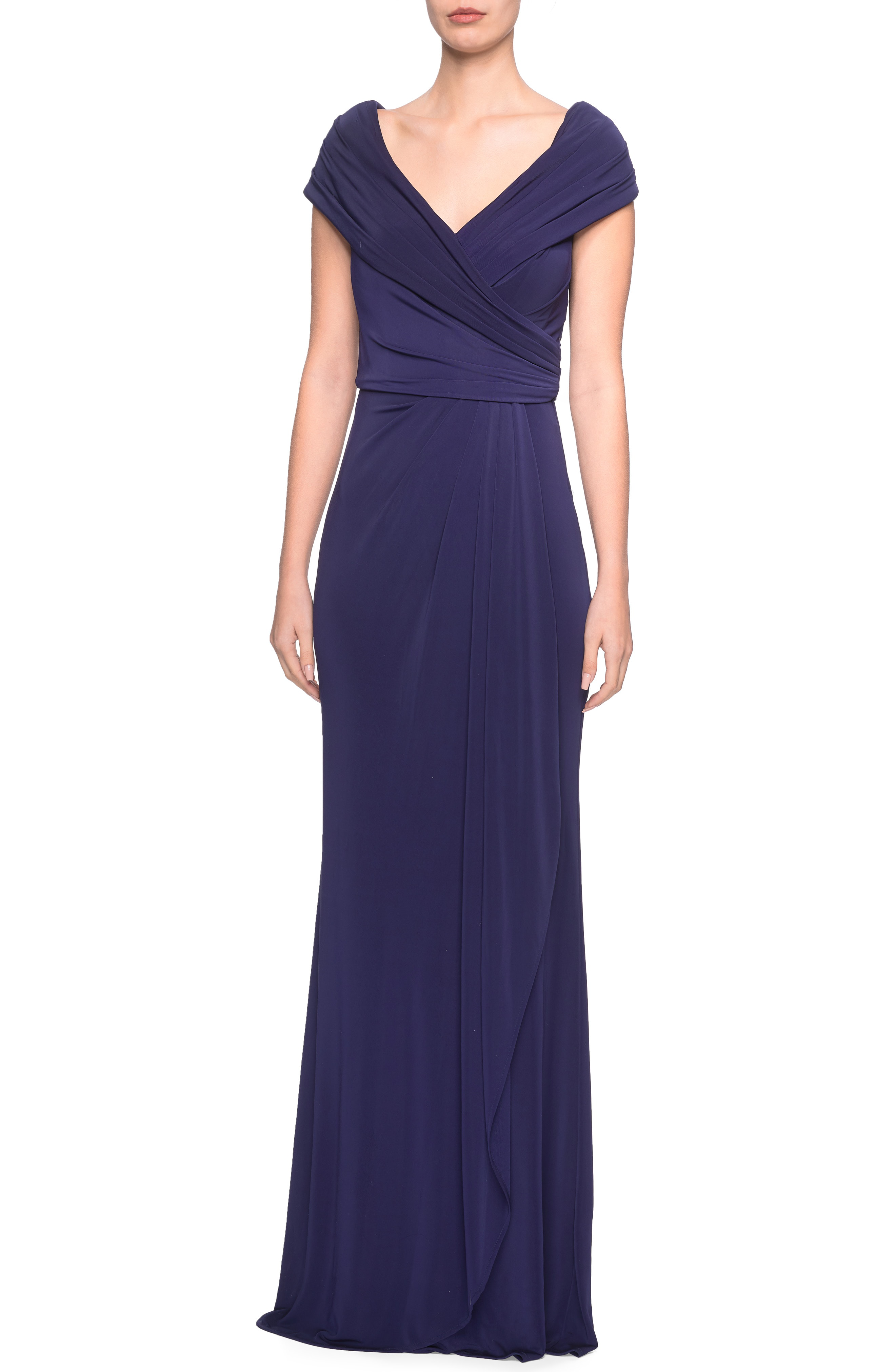 La Femme Ruched Jersey Column Gown In 