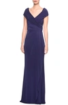 La Femme Ruched Jersey Column Gown In Blue