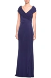 La Femme Ruched Jersey Column Gown In Navy
