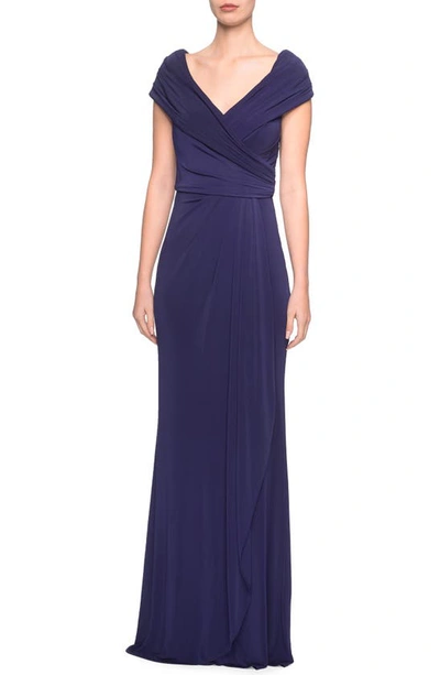 La Femme Ruched Jersey Column Gown In Navy