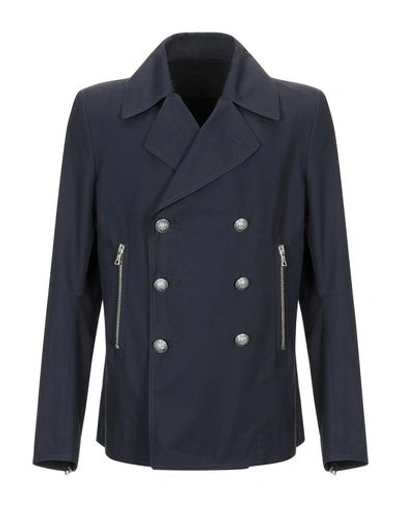 Balmain Overcoats In Dark Blue