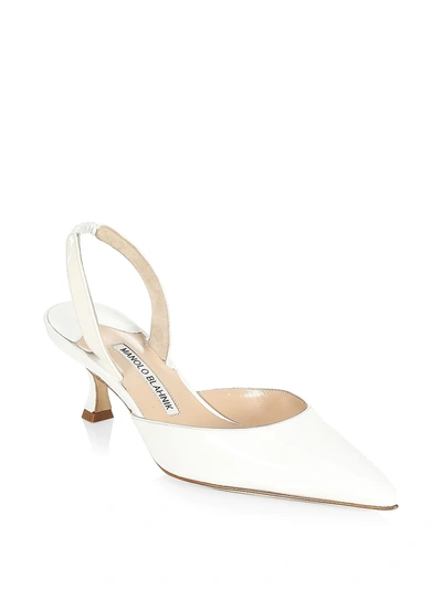 Manolo Blahnik Carolyne 50 Patent Leather Slingback Pumps In White