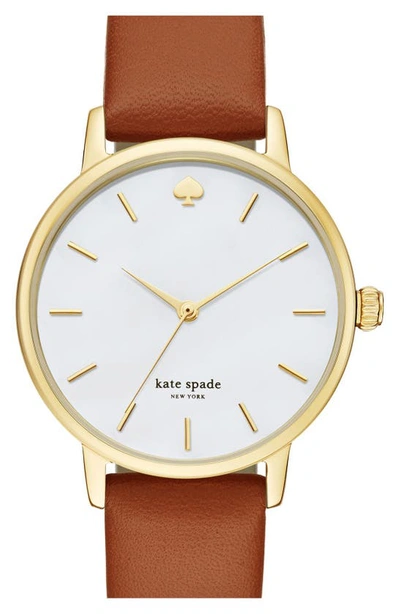 Kate Spade 'holland' Round Leather Strap Watch, 34mm In Luggage/gold