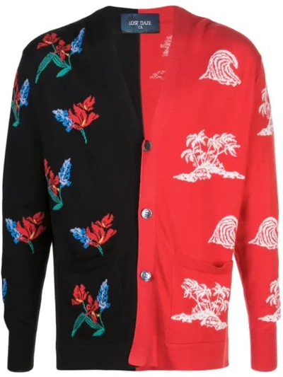 Lost Daze Aloha Two-tone Intarsia-knit Cotton-blend Cardigan In Red
