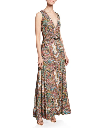 Etro Paisley Print Jersey Halter Gown In Blue